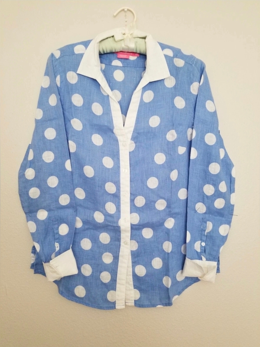 Island Company Linen Button Down Shirt Blouse  Blue/White Polka Dot Size  XS - Picture 4 of 14